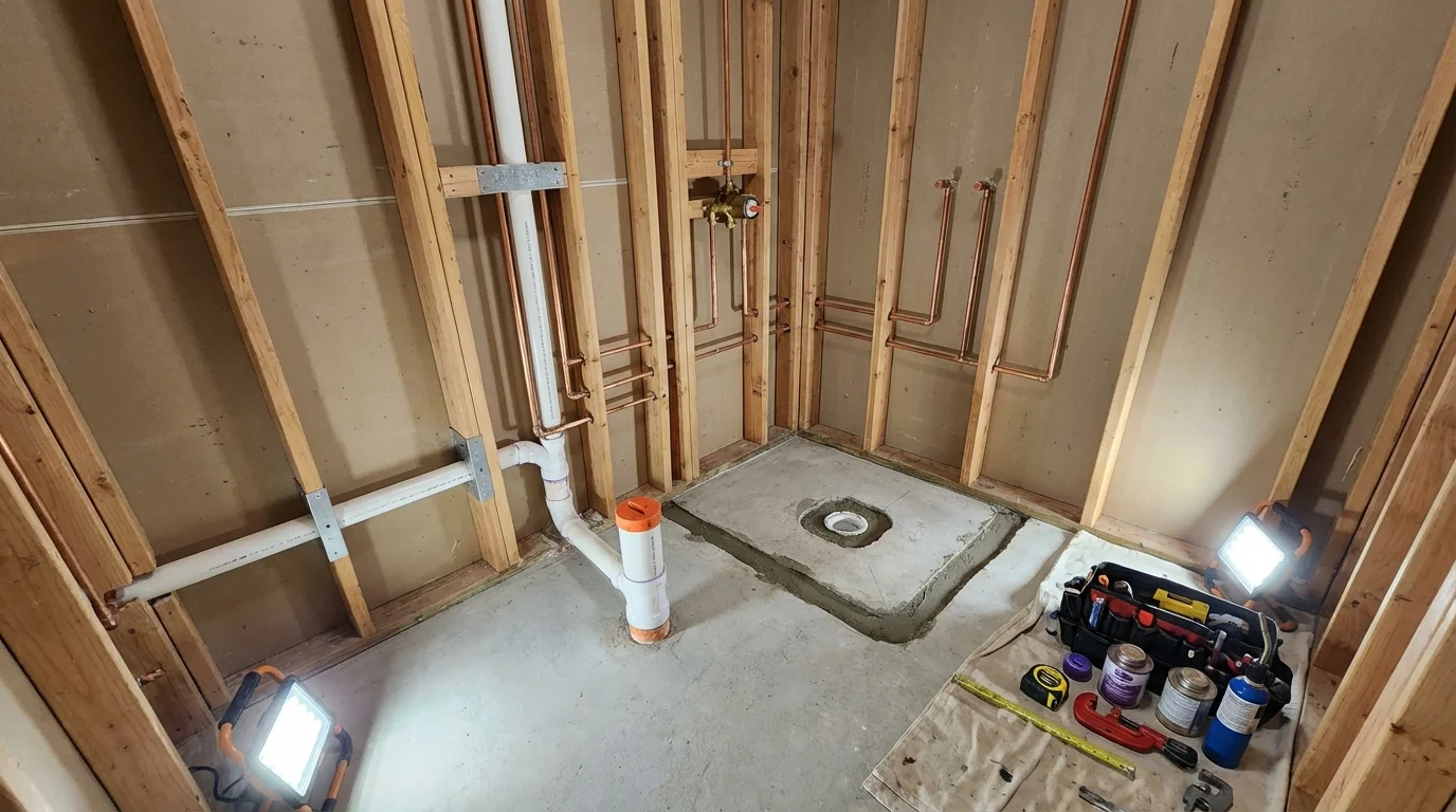 Bathroom rough-in plumbing during remodel by Johns Plumbing LLC in Grand Saline