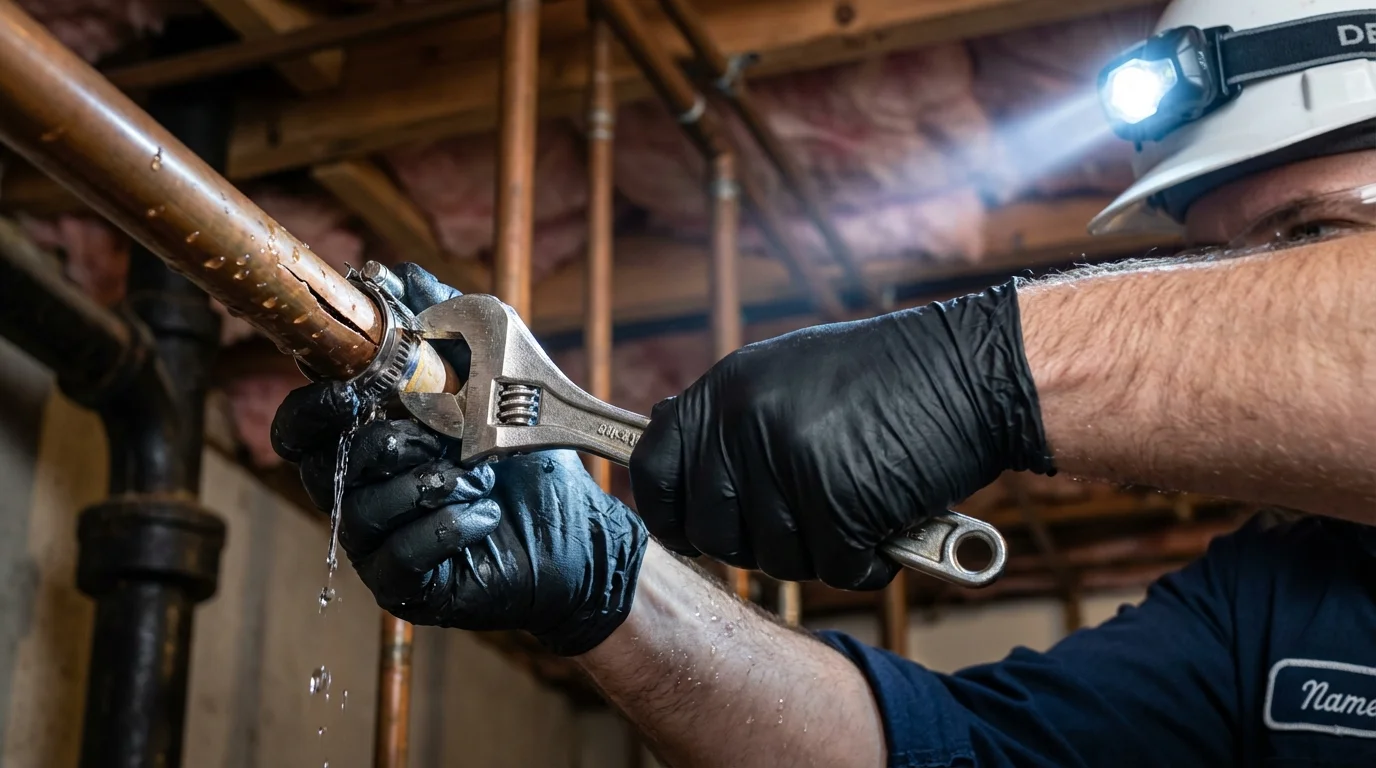 Emergency pipe clamp repair being performed by a Johns Plumbing LLC plumber in Grand Saline