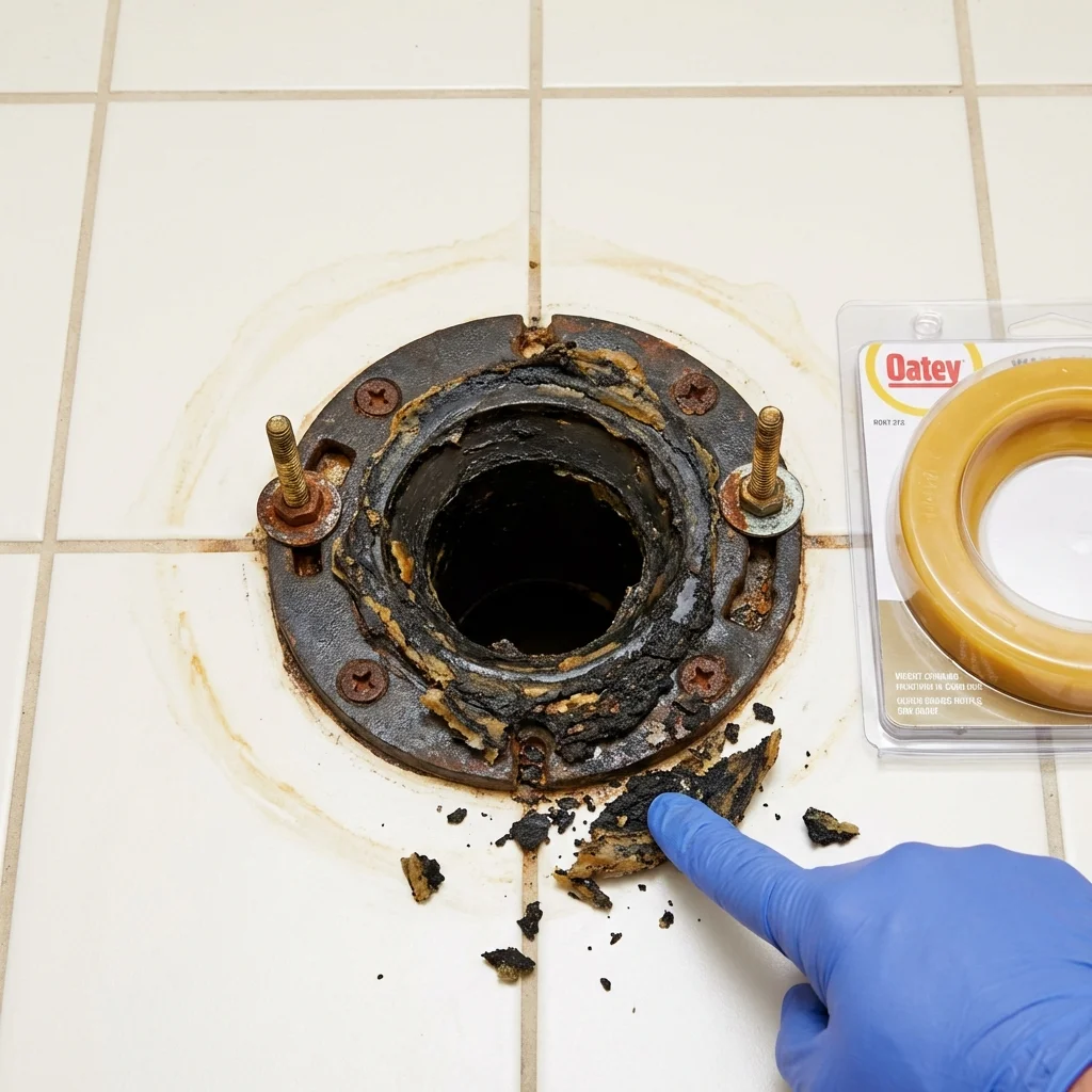 Failed wax ring showing water seepage at the base of a toilet in a Grand Saline, TX home